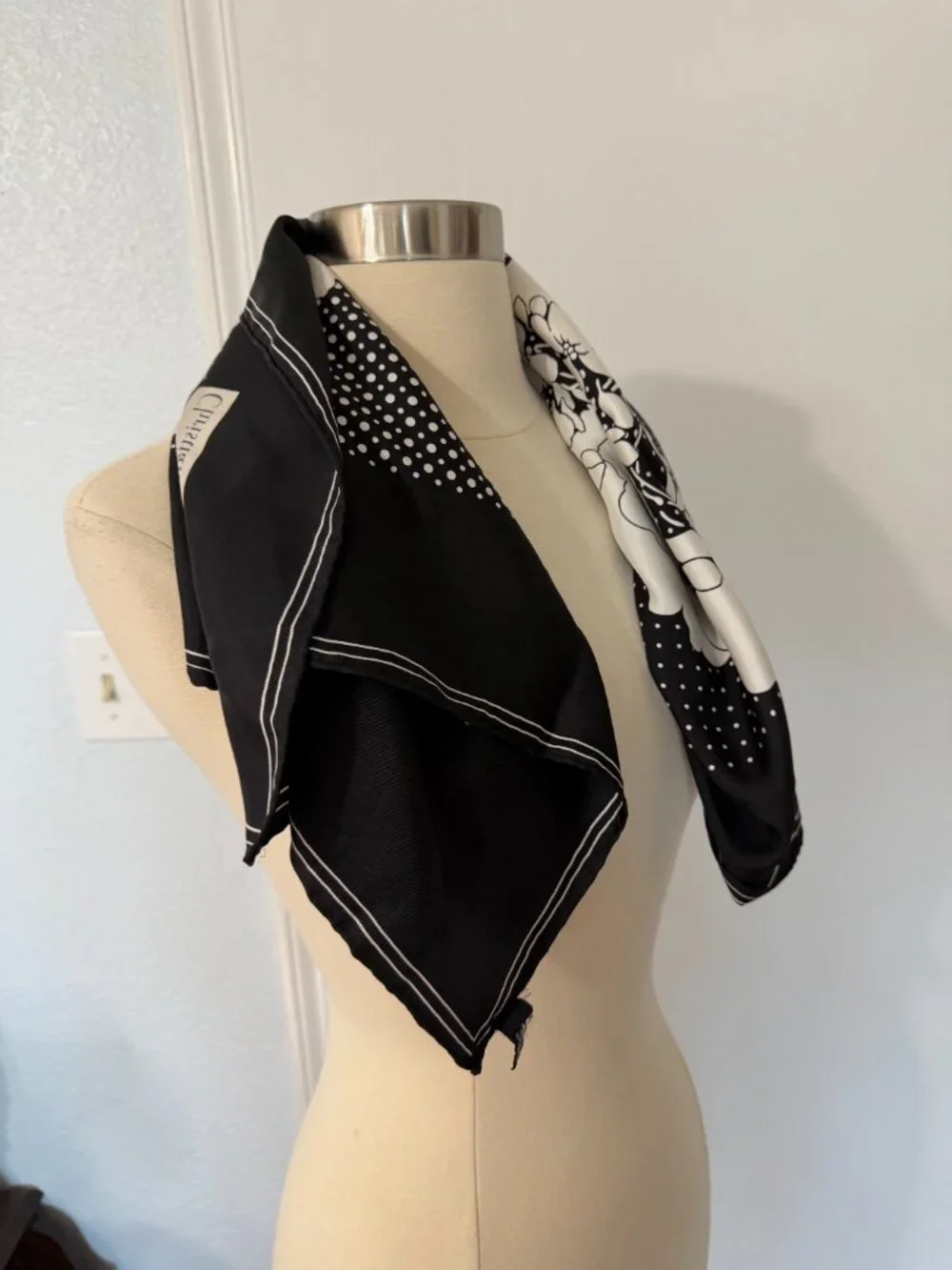 Christian Dior 100% Silk Black Ivory Floral Square Scarf